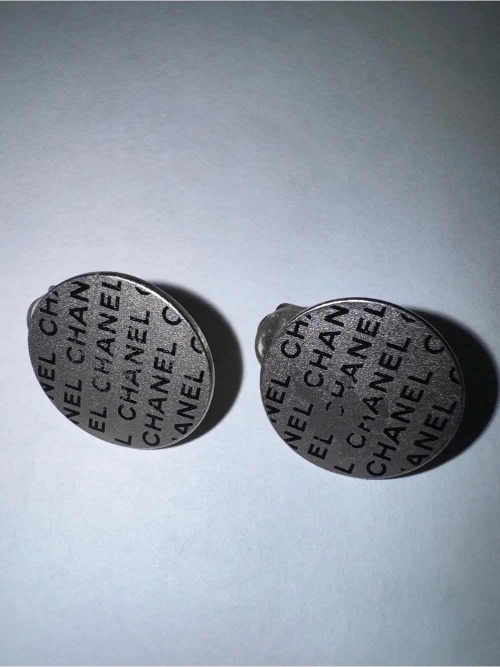 Chanel Vintage Round Print Logo Clip-On Earrings.